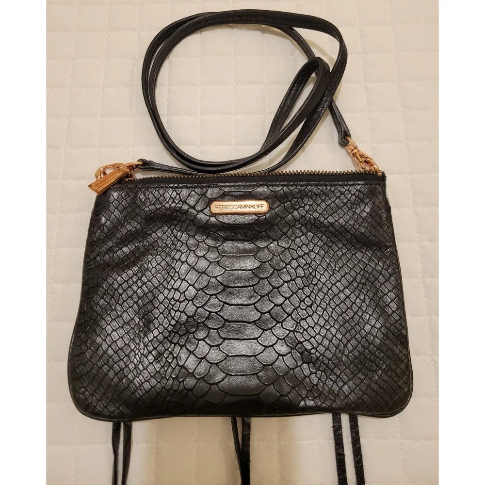 Rebecca Minkoff 3-Zipper Black Snake Embossed Crossbody Leather Bag Moto Goth